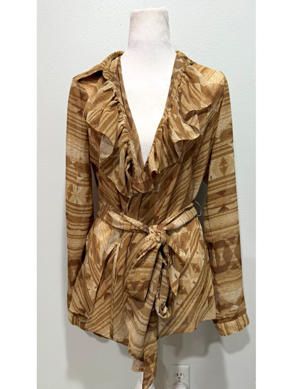 Lauren Ralph Lauren Brown Beige Geometric V-Neck Blouse Long Sleeve Tie M